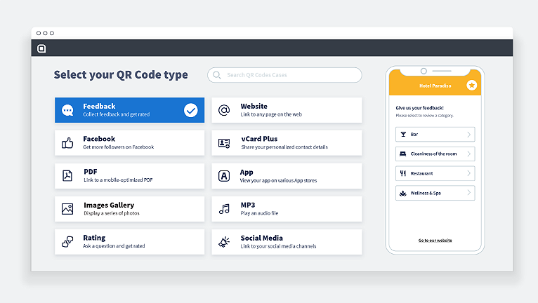 Il primo passaggio per creare un QR Code Feedback è selezionare Feedback nell'app e inserire le domande